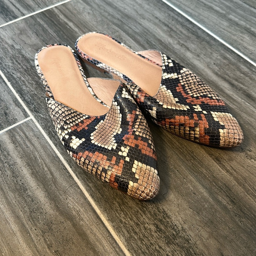 Madewell Remi Snakeskin Flats Mules Shoes Slip-On Slides Leather Spiced Cider